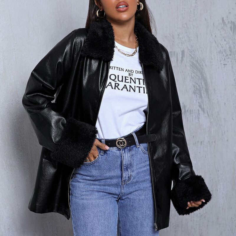 

Fuzzy Collar & Cuff PU Leather Coat, Black