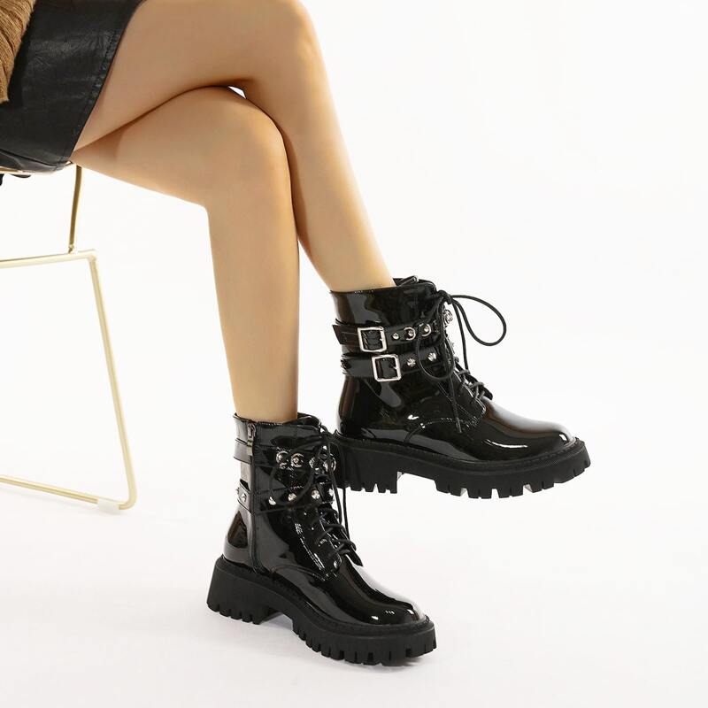 

Buckle Decor Combat Boots, Black