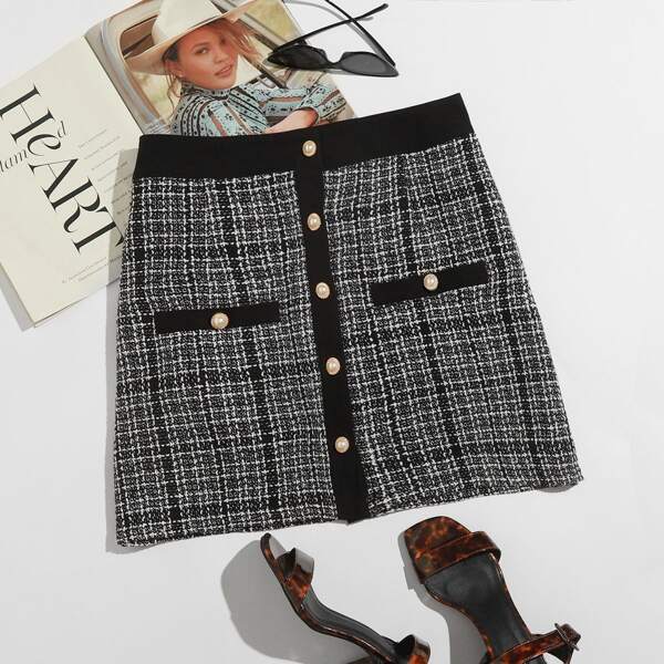 

Plus Pearls Button Front Tweed Skirt, Black and white
