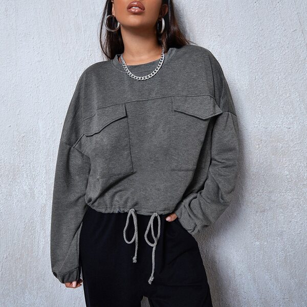 

Flap Pocket Drawstring Hem Oversized Pullover, Dark grey