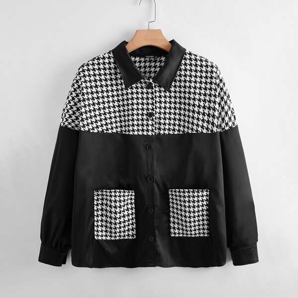 

Plus Contrast Houndstooth Double Pocket Jacket, Black and white