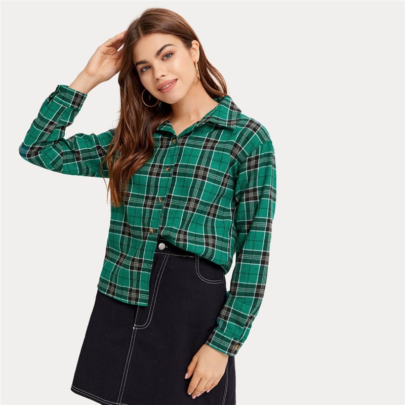 

Drop Shoulder Plaid Shirt, Green