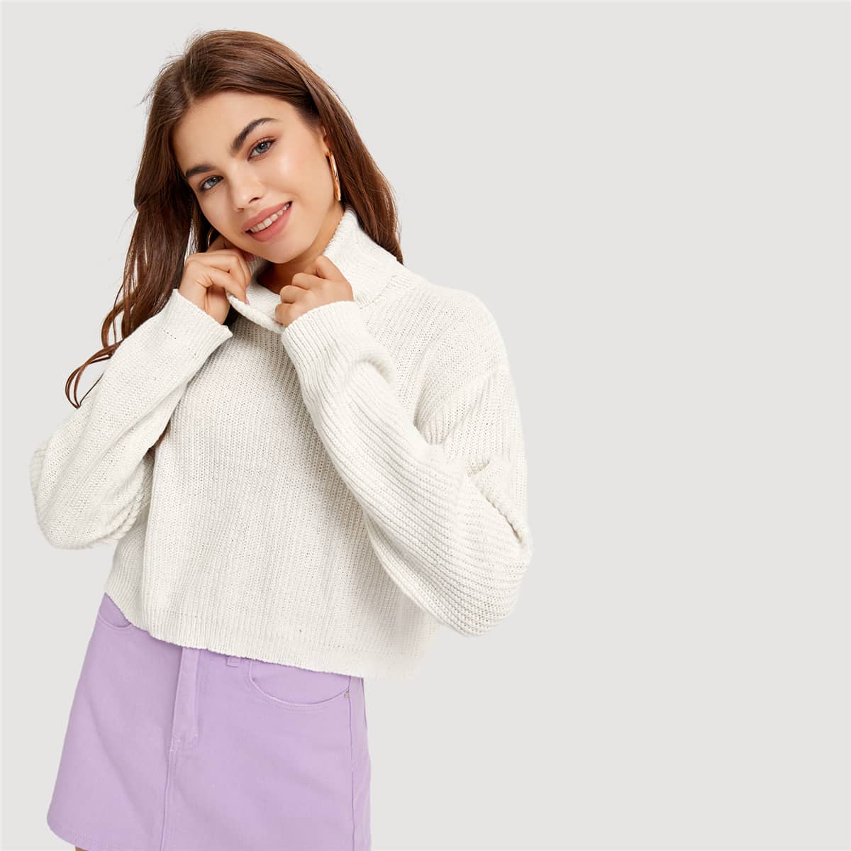 

Turtleneck Ribbed Knit Sweater, White