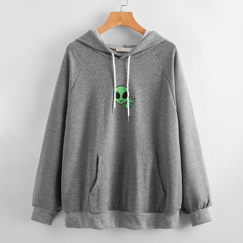 

Kangaroo Pocket Alien Print Hoodie, Grey