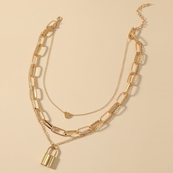 

Men Lock Pendant Layered Necklace, Gold