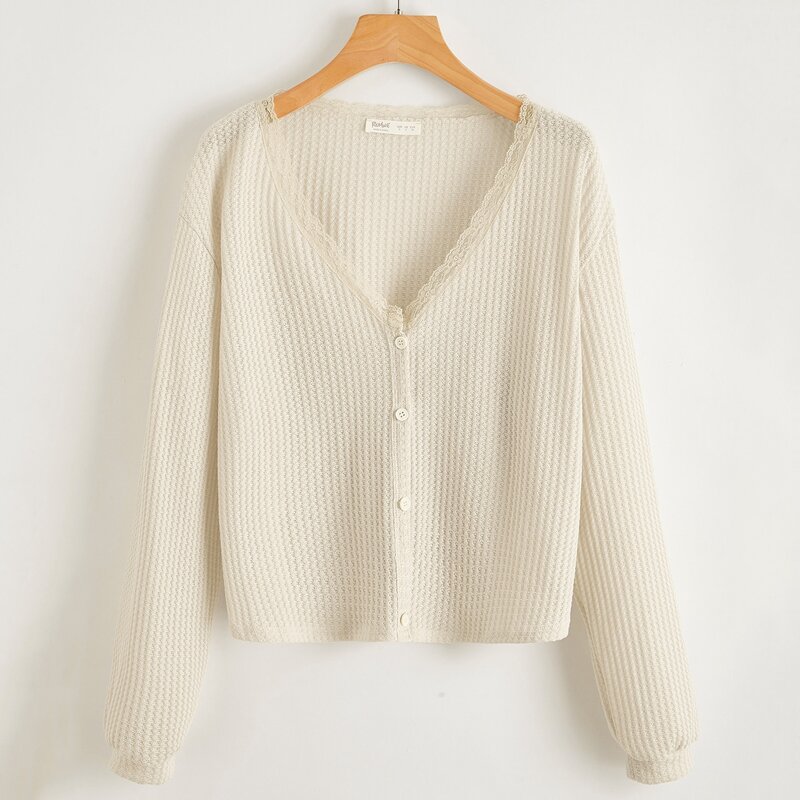 

Button Front Lace Trim Waffle Cardigan, Beige