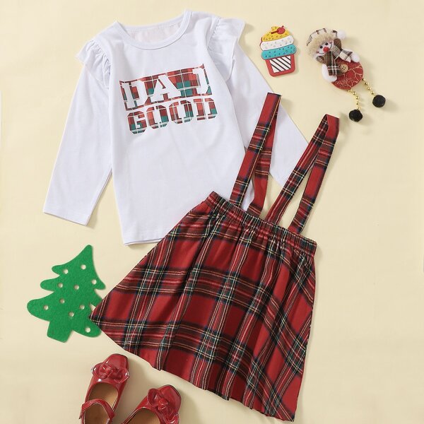 

Toddler Girls Letter Graphic Ruffle Tee & Tartan Pinafore Skirt, Multicolor