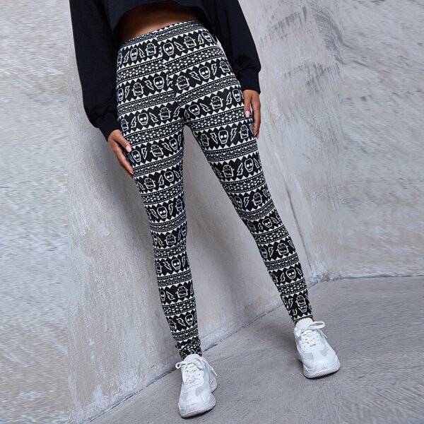 

Skull and Lightning Print Leggings, Black and white