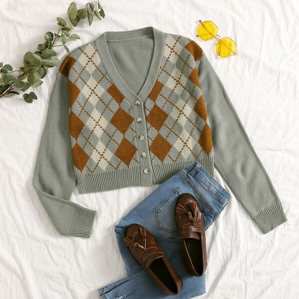 

Drop Shoulder Button Front Argyle Cardigan, Grey