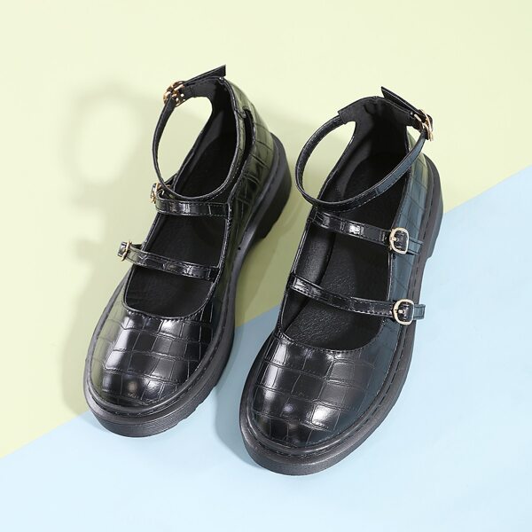 

Croc Embossed Buckle Strap Flats, Black