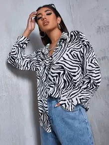 SHEIN Unity Zebra Striped Drop Shoulder Shirt - Black and White - View 1