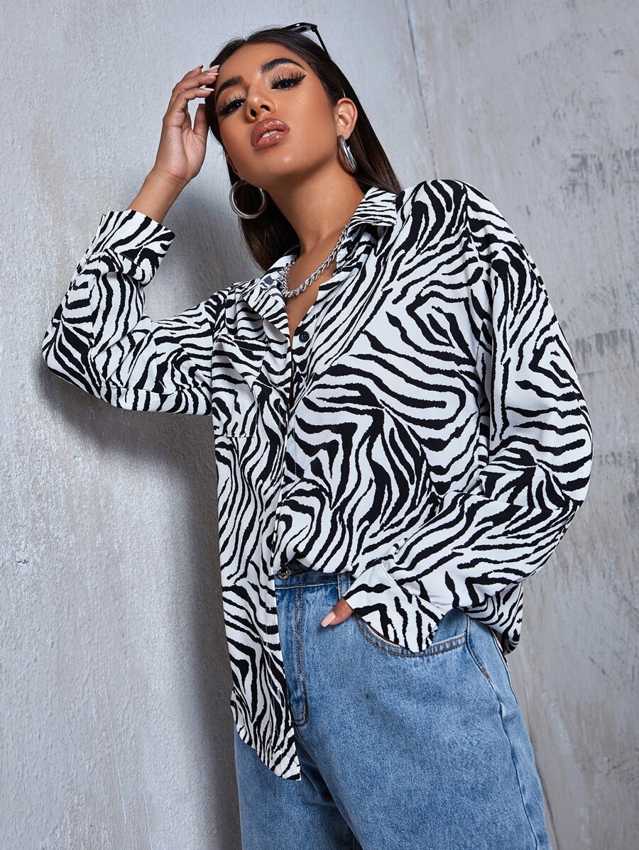 SHEIN Unity Zebra Striped Drop Shoulder Shirt - Black and White - View 1