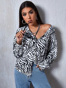SHEIN Unity Zebra Striped Drop Shoulder Shirt - Black and White - View 3