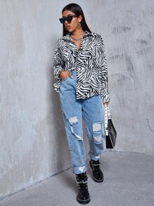 SHEIN Unity Zebra Striped Drop Shoulder Shirt - Black and White - View 4