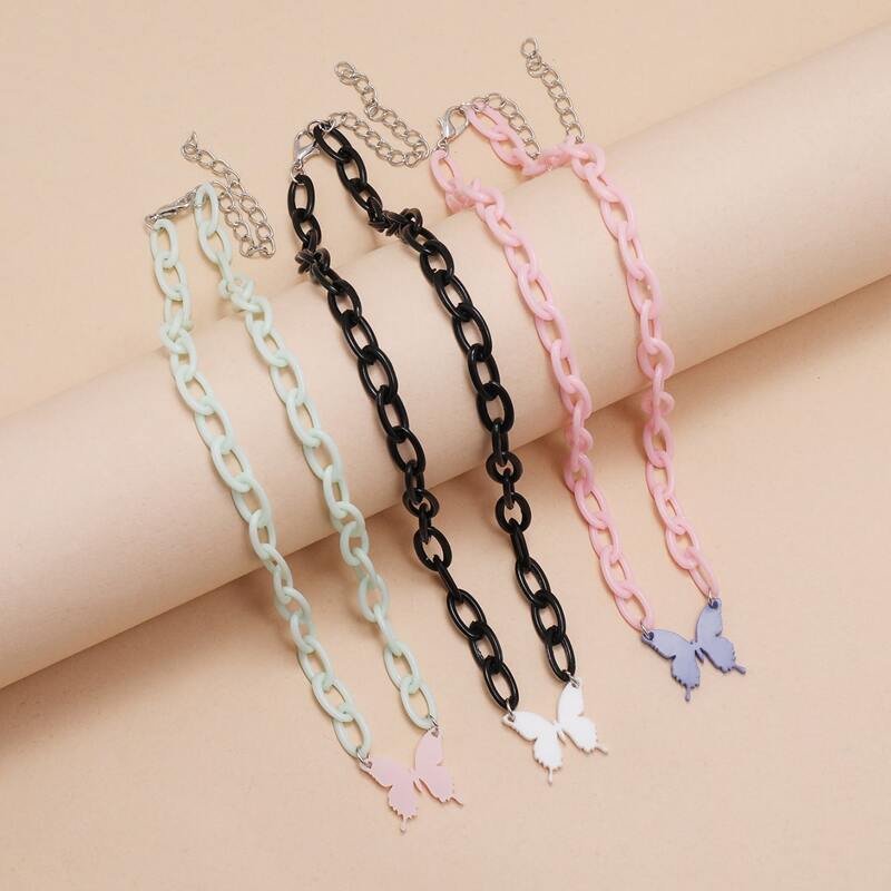 

3pcs Butterfly Chunky Chain Necklace, Multicolor
