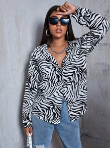SHEIN Unity Zebra Striped Drop Shoulder Shirt - Black and White - View 5