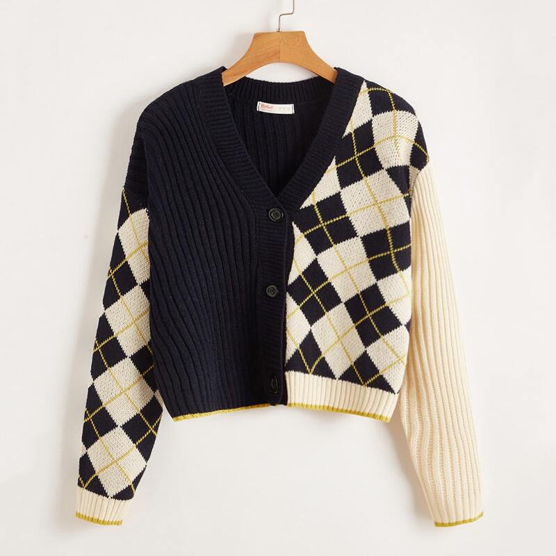 

Colorblock Argyle Pattern Cardigan, Multicolor