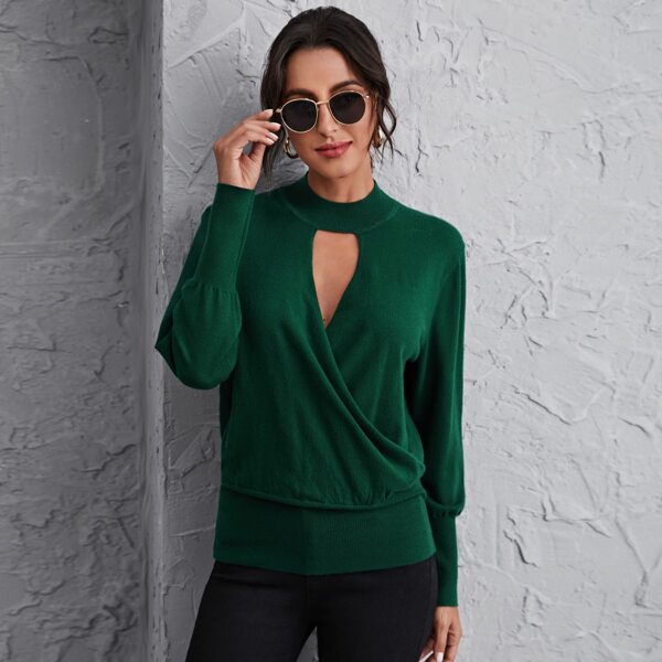 

Keyhole Neck Draped Wrap Sweater, Dark green