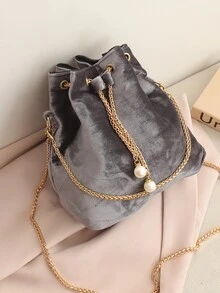 Bolso cubo con cadena con perla artificial - Gris Oscuro - Ver 2
