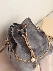 Bolso cubo con cadena con perla artificial - Gris Oscuro - Ver 4