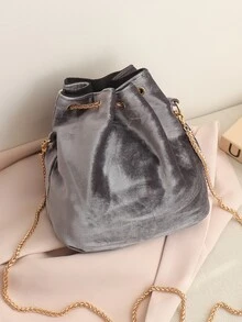 Bolso cubo con cadena con perla artificial - Gris Oscuro - Ver 5