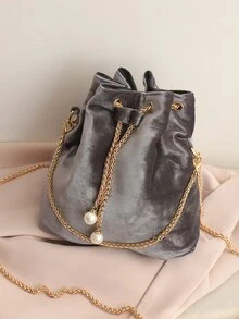 Bolso cubo con cadena con perla artificial - Gris Oscuro - Ver 6