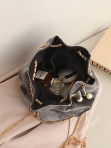 Bolso cubo con cadena con perla artificial - Gris Oscuro - Ver 7