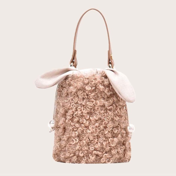 

Drawstring Decor Fluffy Satchel Bag, Khaki