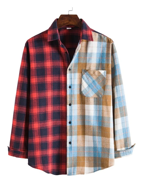 Camisa con bolsillo de cuadros de color combinado | ROMWE Camisa de cuadros ancha | ROMWE en 2020 | Camisas cuadros
