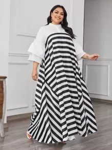 Mulvari Plus Flounce Sleeve Two Tone Striped Half Placket Dress - Black and White - View 1