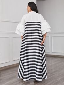 Mulvari Plus Flounce Sleeve Two Tone Striped Half Placket Dress - Black and White - View 2