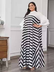 Mulvari Plus Flounce Sleeve Two Tone Striped Half Placket Dress - Black and White - View 5