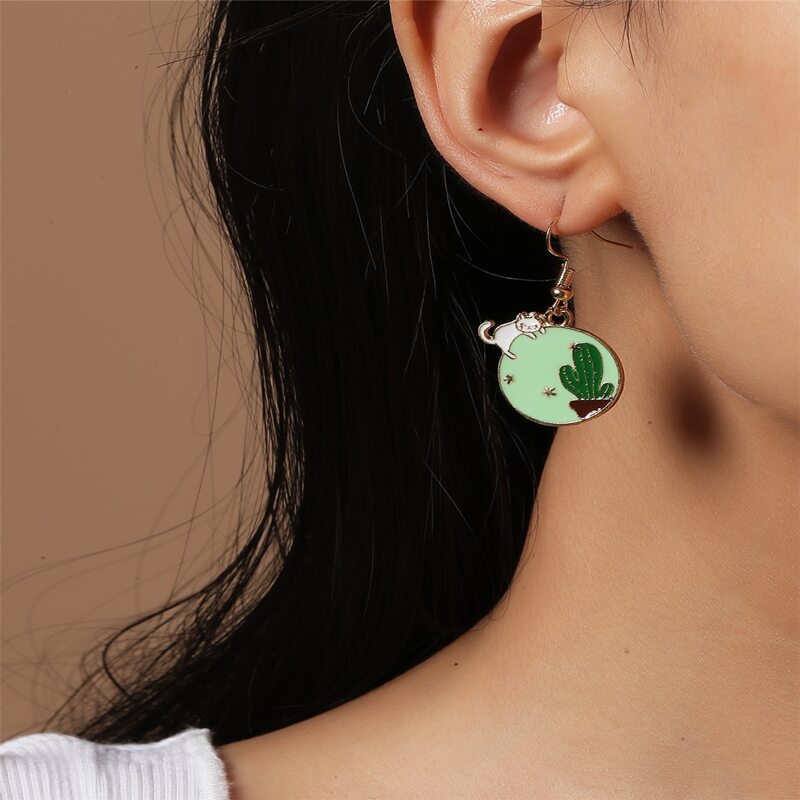 

Cactus Engraved Round Drop Earrings, Green