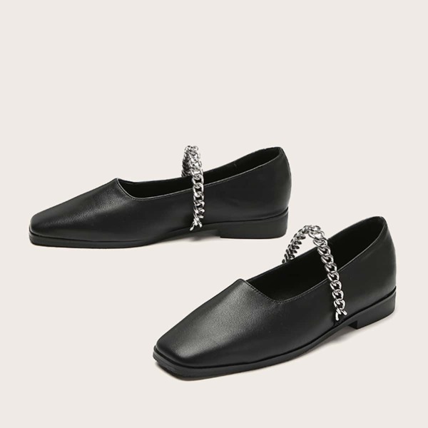 

Square Toe Chain Decor Flats, Black