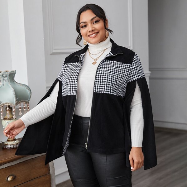

Plus Split Sleeve Zip Up Houndstooth Panel Coat, Black