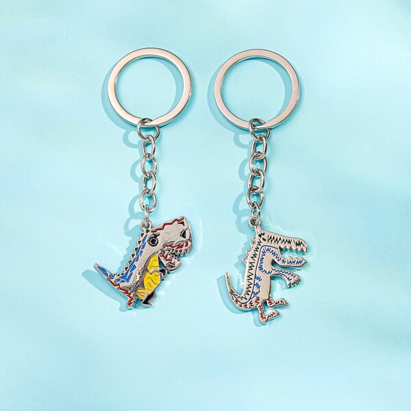 

2pcs Men Dinosaur Charm Keychain, Silver