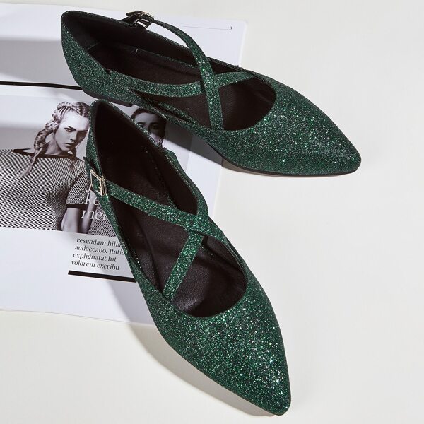

Glitter Cross Strap Point Toe Flats, Dark green