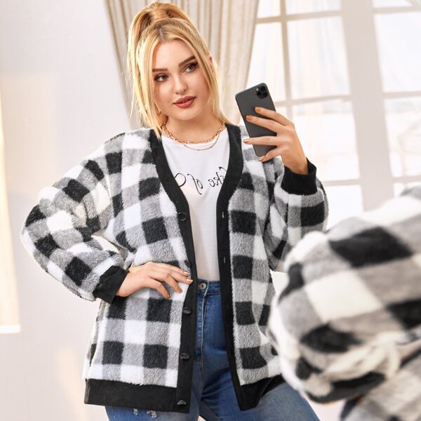 

Plus Button Front Gingham Teddy Jacket, Black and white
