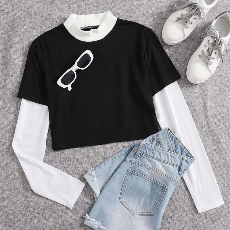 

2 In 1 Colorblock Tee, Black and white