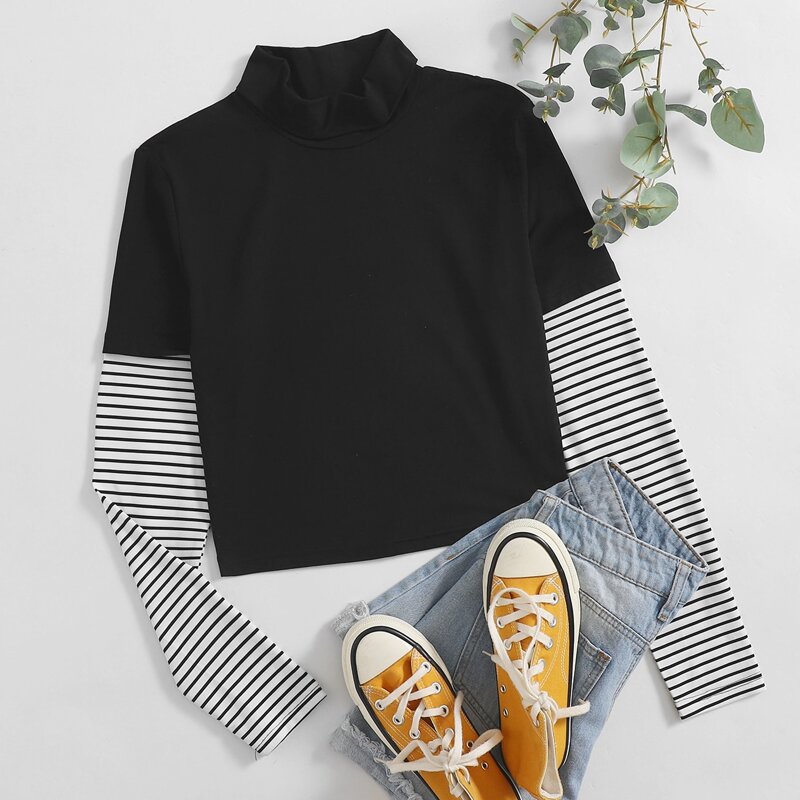 

Striped Sleeve Mock Neck Tee, Black