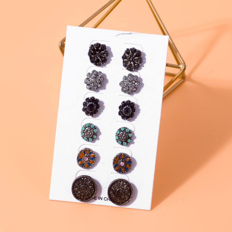 

6pairs Rhinestone Round Stud Earrings, Multicolor
