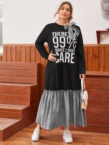 SHEIN Unity 大碼大蝴蝶結格紋下擺標語圖案連衣裙 - 彩色 - 查看 3