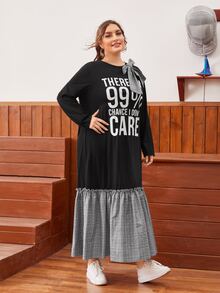 SHEIN Unity 大碼大蝴蝶結格紋下擺標語圖案連衣裙 - 彩色 - 查看 5