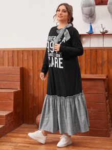 SHEIN Unity 大碼大蝴蝶結格紋下擺標語圖案連衣裙 - 彩色 - 查看 1