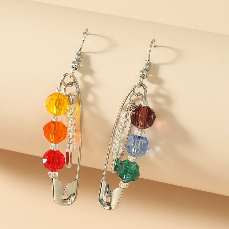 

Crystal Decor Safety Pin Charm Drop Earrings, Multicolor