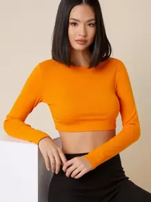 SHEIN BASICS Cotton Neon Orange Crop Top - Orange - View 1