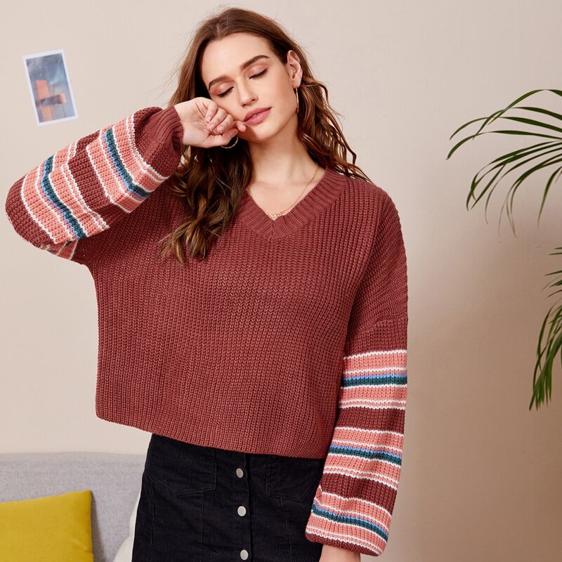 

Striped Sleeve Knit Sweater, Redwood
