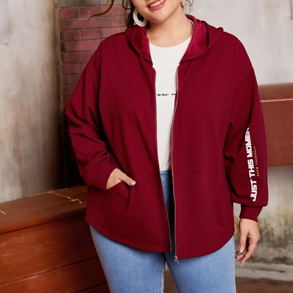 

Plus Zip Up Letter Graphic Pouch Pocket Hooded Jacket, Burgundy