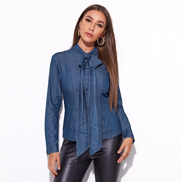 

Tie Neck Denim Top, Medium wash