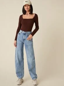 SHEIN BASICS Cotton Square Neck Form Fitted Tee